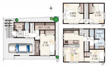 3階建て駐車スペース付きの収納たっぷり間取りプラン 4LDK