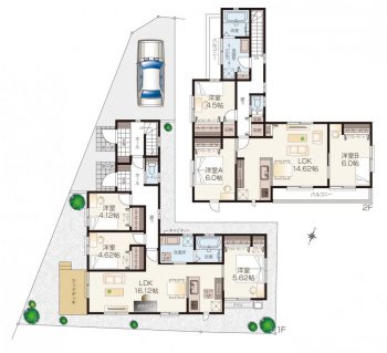 用途豊富な完全分離型二世帯住宅の間取りプラン 3LDK＋3LDK