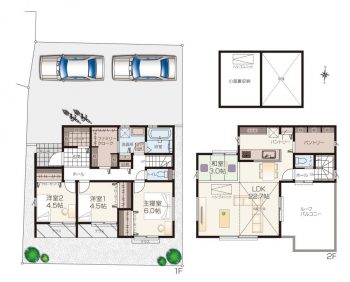 小屋裏収納のある4LDKの2階建て住宅間取りプラン