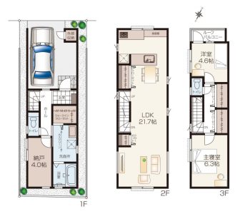 インナーガレージ付き2LDK 3階建て狭小住宅間取りプラン