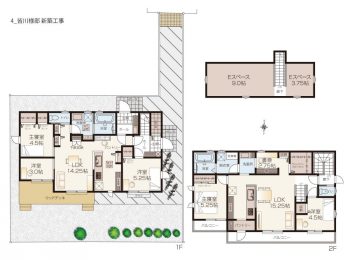 完全分離型二世帯住宅の間取りプラン 3LDK+2LDK+Eスペース