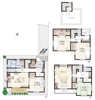 玄関共有型二世帯住宅の間取りプラン 1DK＋3LDK