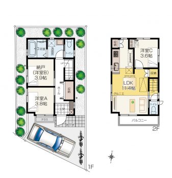 屋根裏収納付き3LDK 2階建て狭小住宅間取りプラン