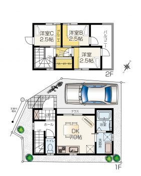 駐車スペース付き3DK 2階建て狭小住宅間取りプラン