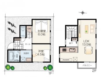 L字型のLDKが魅力の2LDK 2階建て狭小住宅間取りプラン