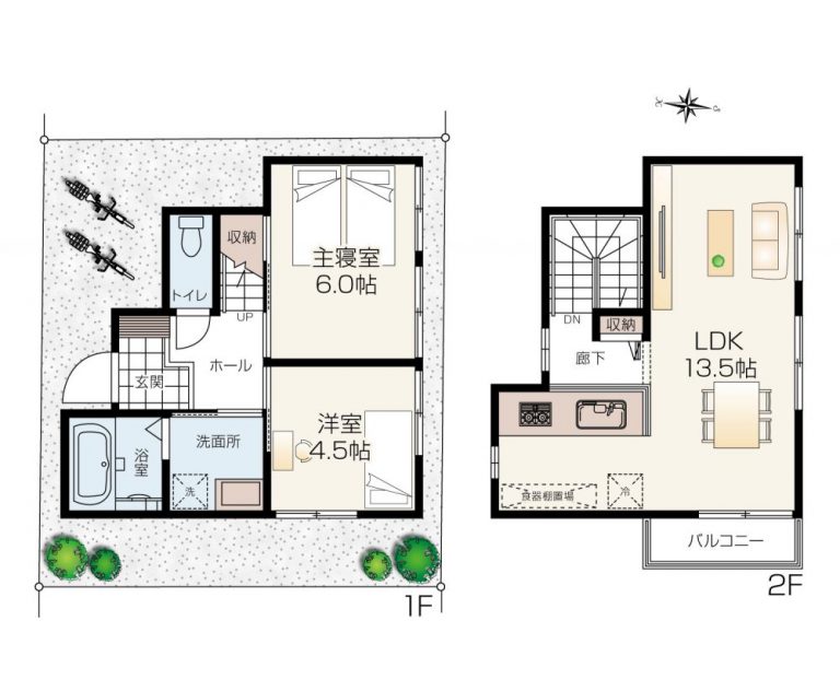 L字型のLDKが魅力の2LDK 2階建て狭小住宅間取りプラン