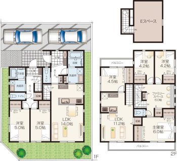 完全分離型二世帯住宅の間取りプラン 3LDK＋3LDK